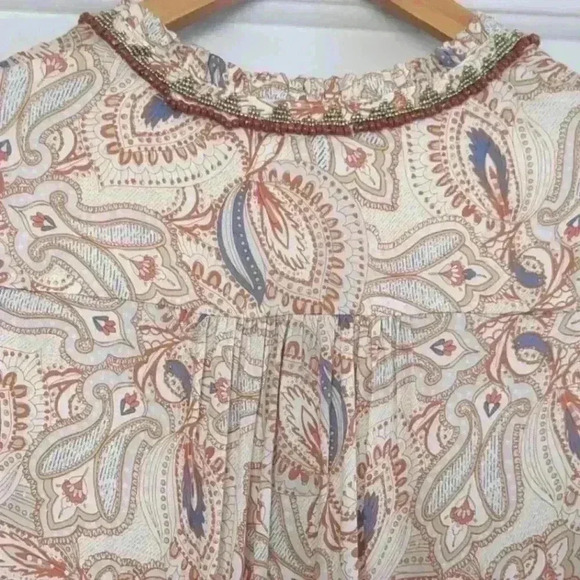 🌴2/$25🌴TRIBAL JEANS | Women's Cream/Tan/Blue V-Neck Boho Jeweled  Top - Picture 5 of 5